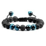 Pulsera de ojo de tigre con cuentas de lava negras y vidrio azul