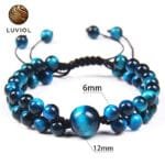 Pulsera Ojo de Halcón con cuentas azules y cordón negro de piedra natural teñida