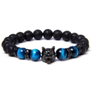 Pulsera para hombre con cabeza de lobo y ojo de tigre en piedras naturales