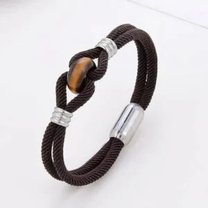 Pulsera de cuero marrón con piedra de ojo de tigre para mujer, energía positiva