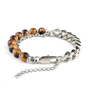 Pulsera de ojo de tigre para hombre con perlas de acero inoxidable