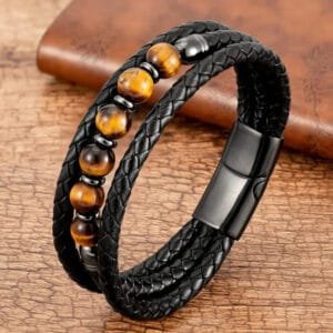 Pulsera protectora para hombre de acero con cuentas de ojo de tigre