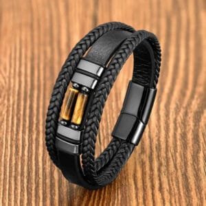 Pulsera de hombre con trenza negra y piedra de ojo de tigre